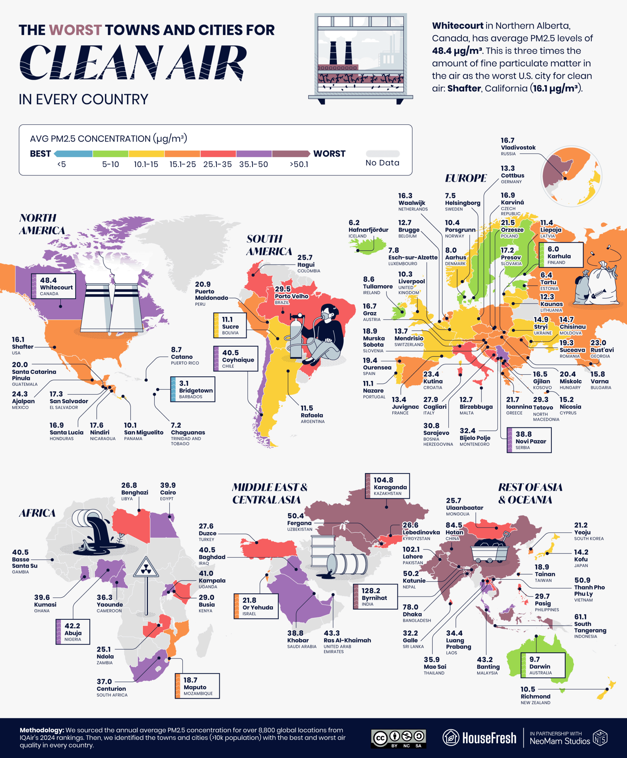 World map showing the city in every country with the most polluted air based on the average PM2.5 levels