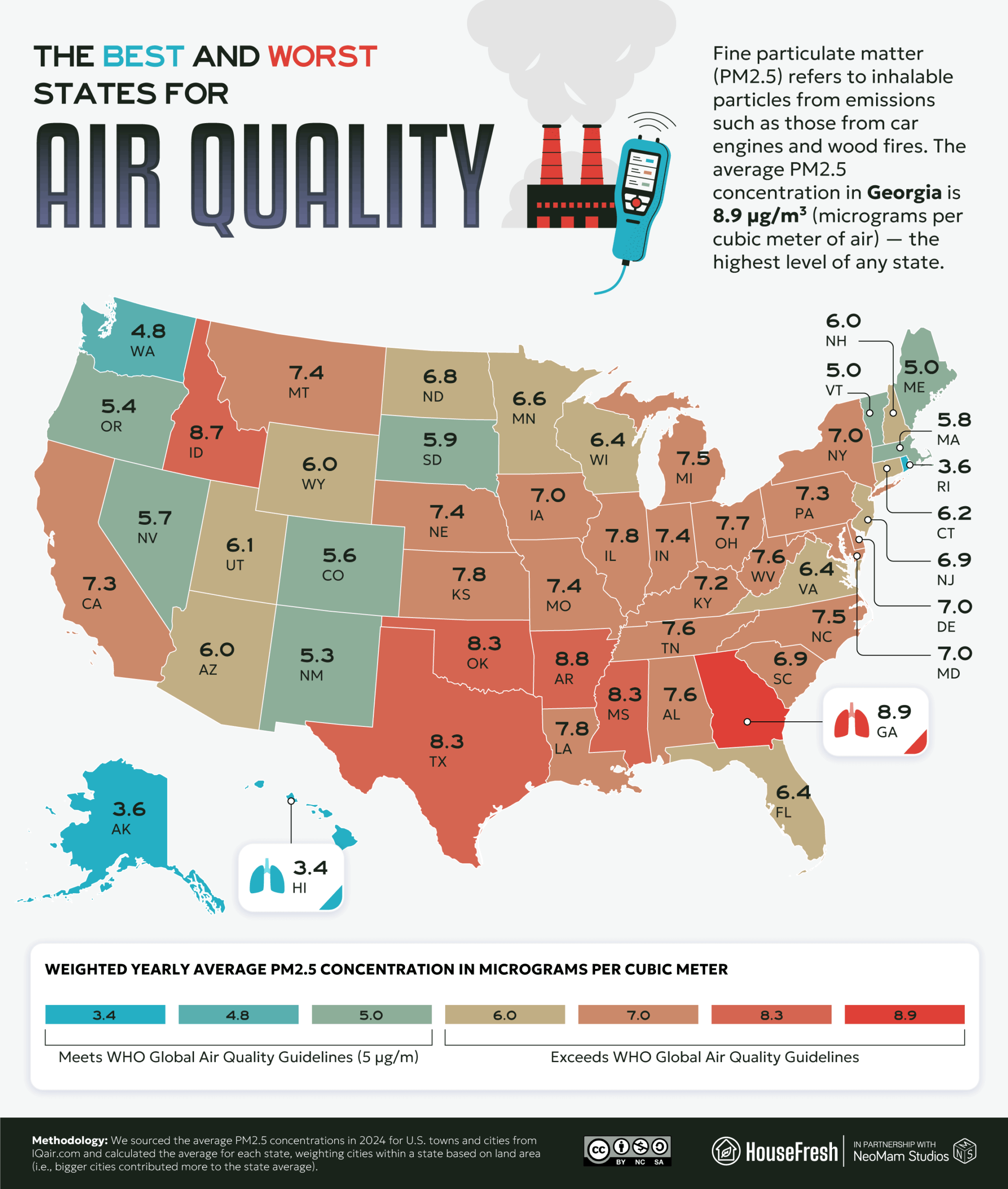 01_The-Best-and-Worst-States-for-Air-Quality U.S. map showing the best and worst states for air quality, based on annual average PM2.5 concentration