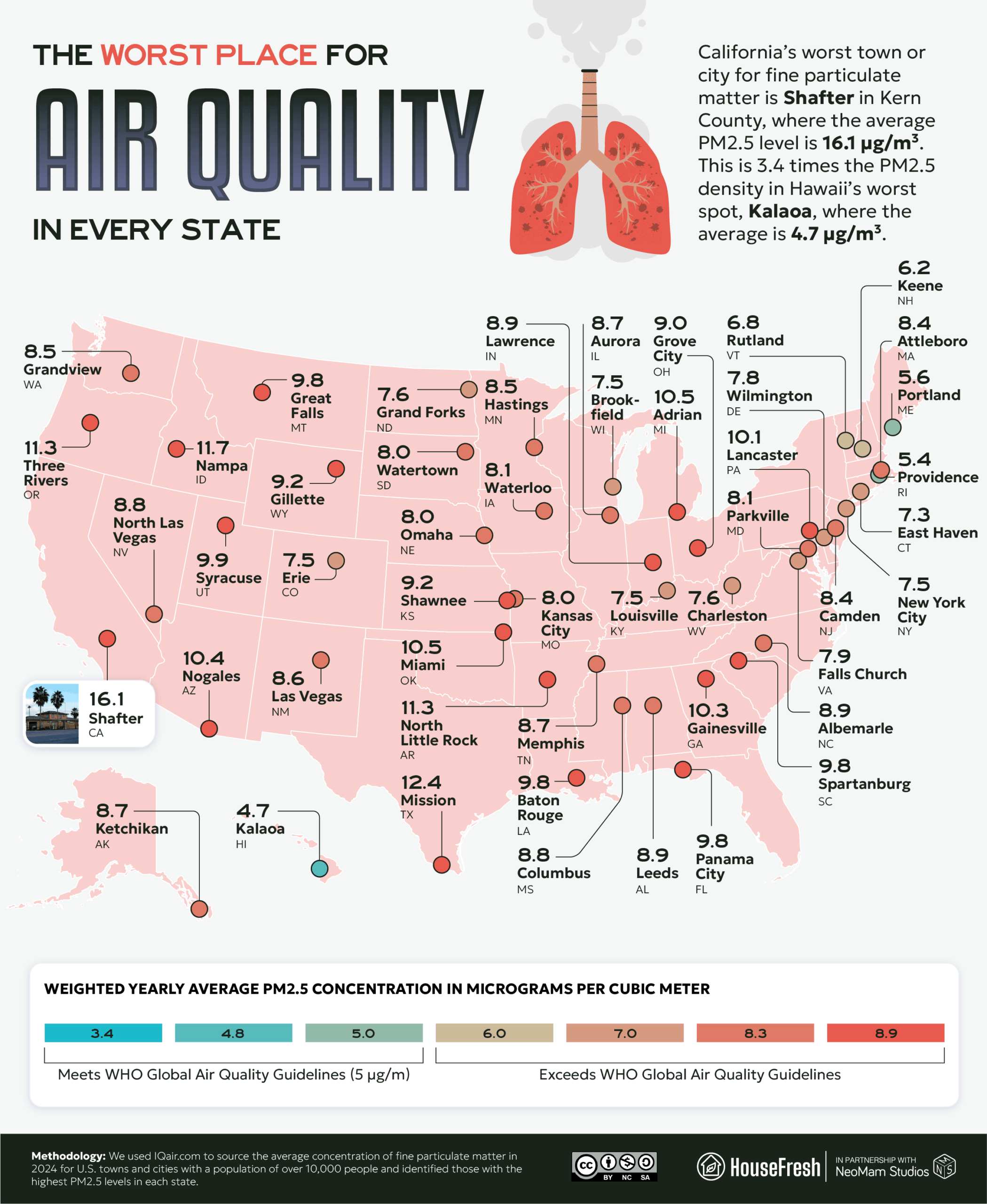 03_The-Worst-Place-for-Air-Quality-in-Every-State Map of the U.S. showing the most polluted city or town in every state, based on annual average PM2.5 concentration