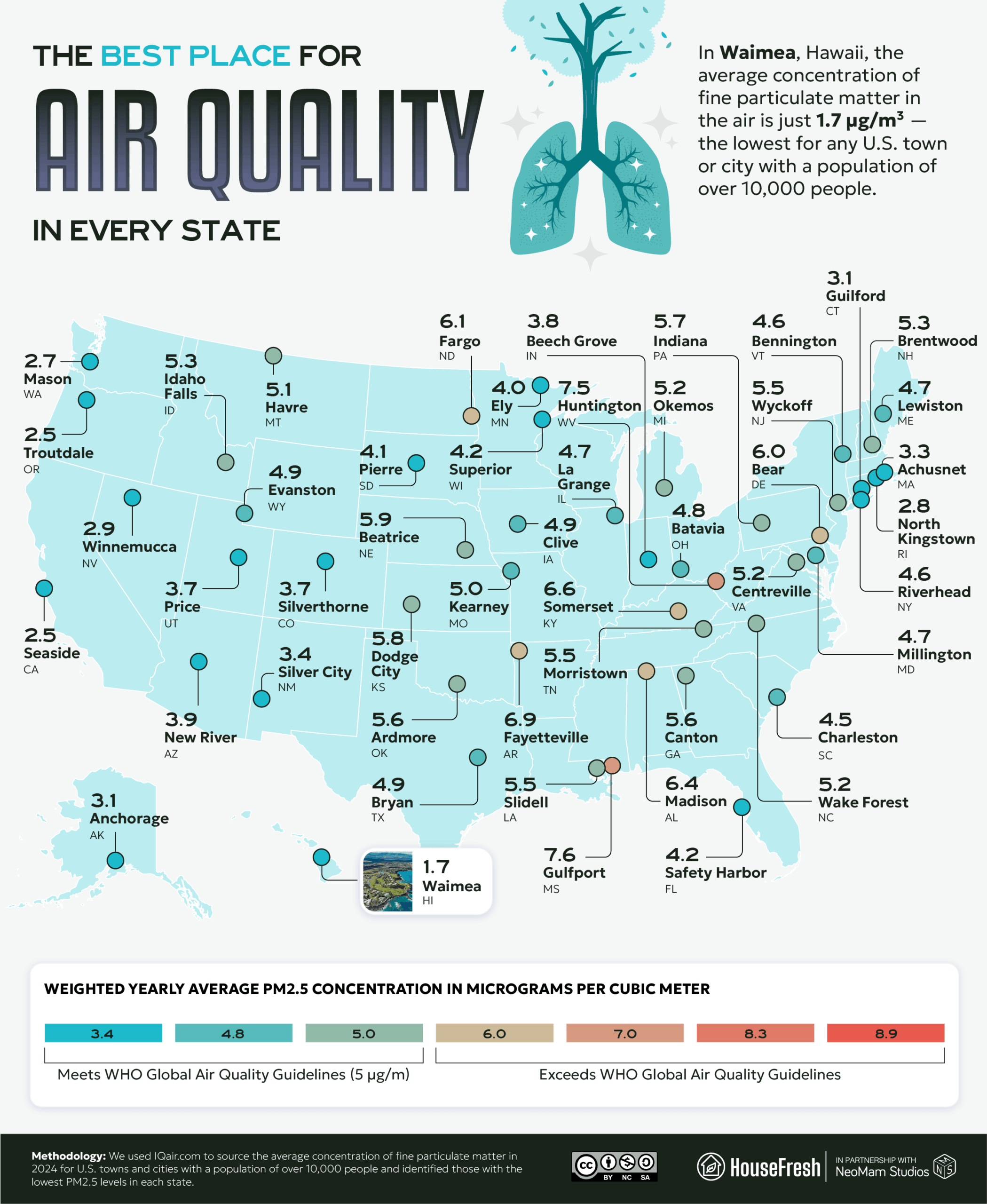 04_The-Best-Place-for-Air-Quality-in-Every-State- Map of the U.S. showing the least polluted city or town in every state, based on annual average PM2.5 concentration