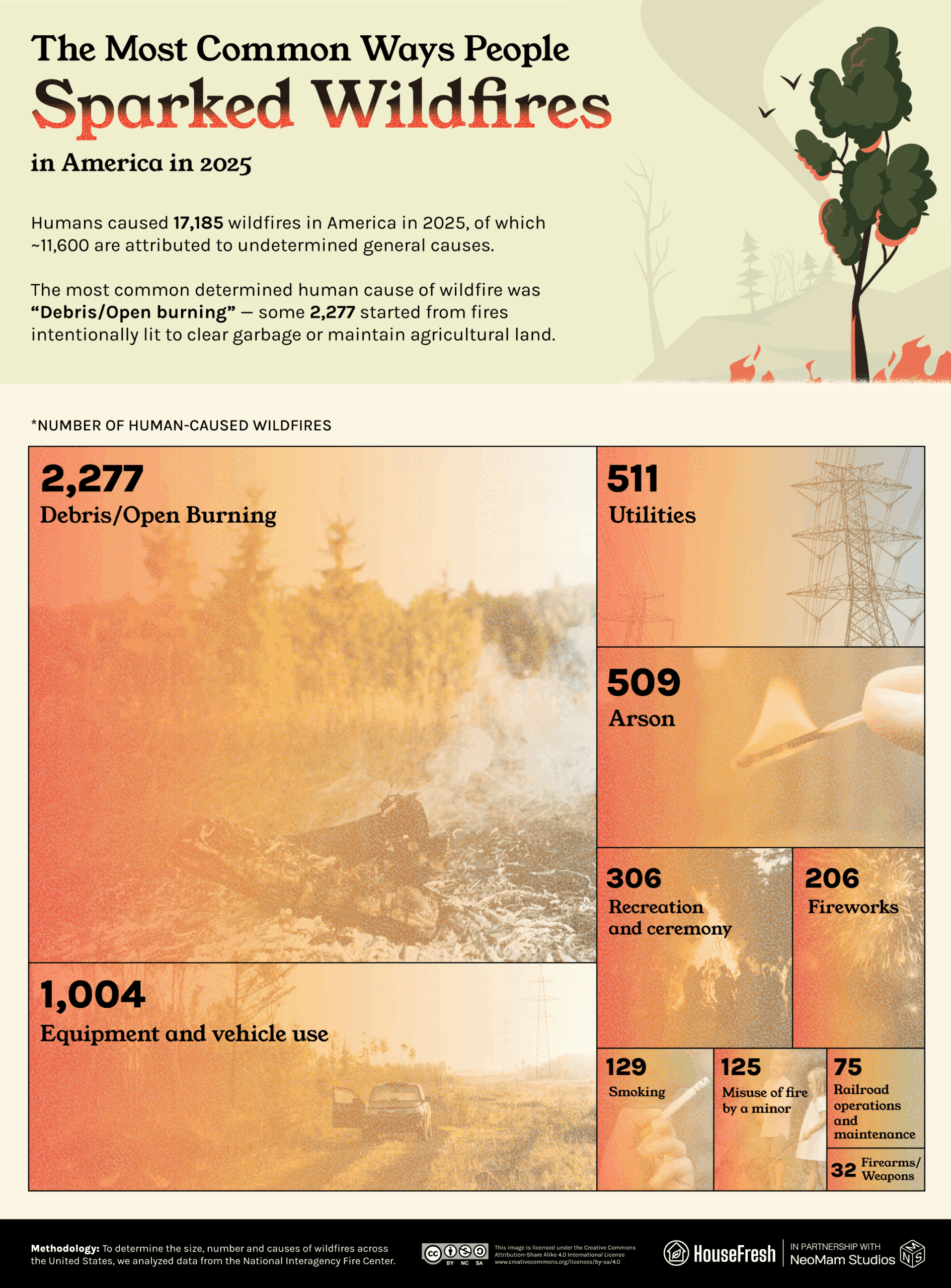 Chart visualizing the most common ways humans cause wildfires in America