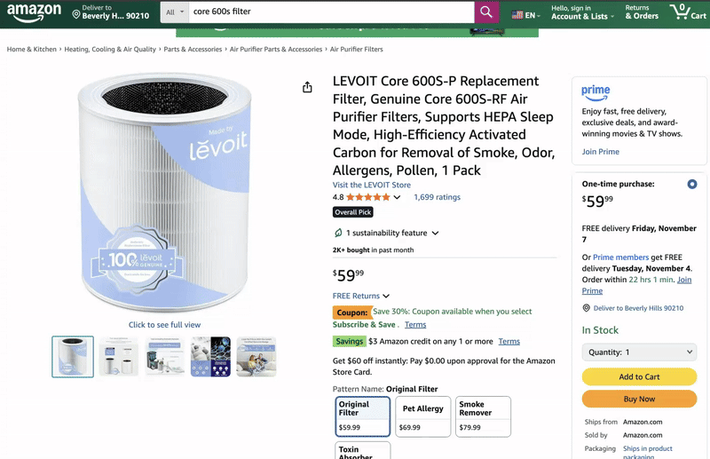 levoit core 600s filter options